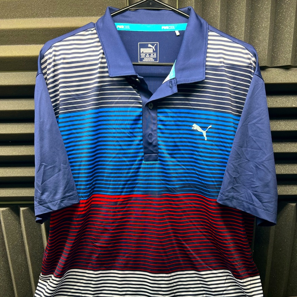 Puma Golf Polo Shirt XL Dry Cell Blue / Multi Stripe